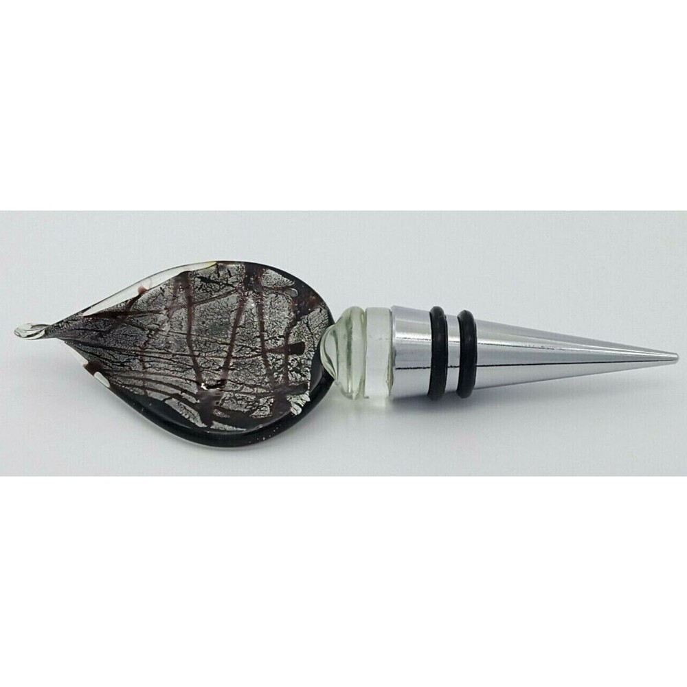 Black Silver Art Glass Bottle Stopper Wine Decanter Chrome Metal Unique Vintage